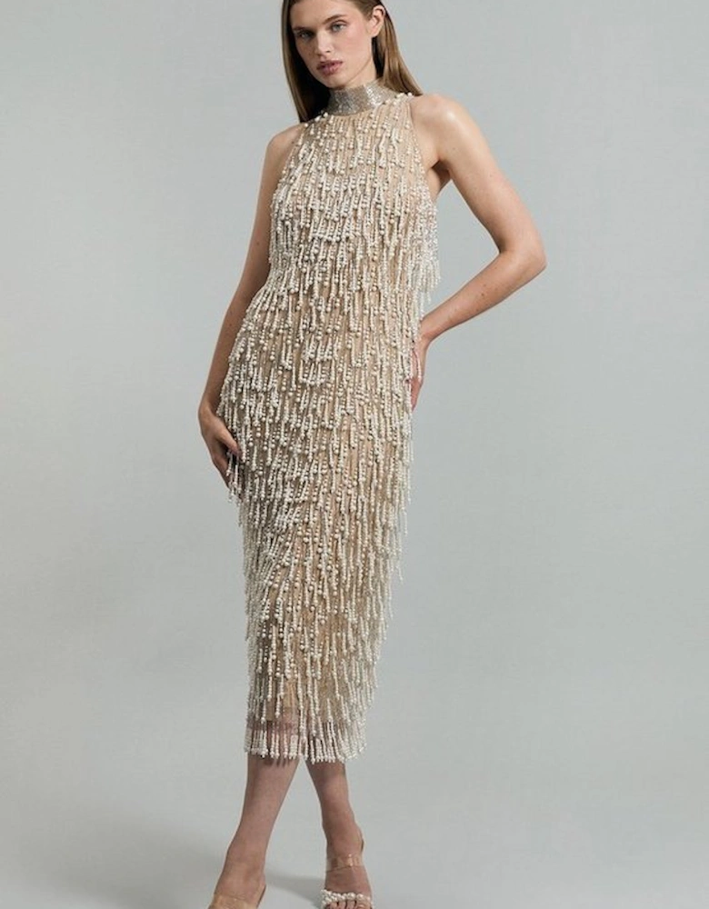 Petite Premium Pearl Tassel Embellished Halter Neck Woven Midi Dress
