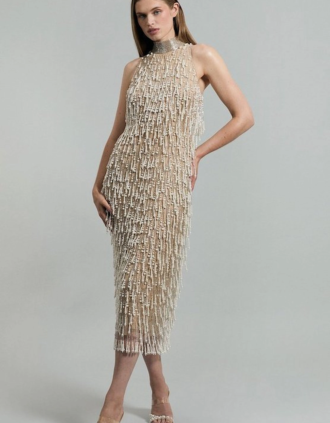 Petite Premium Pearl Tassel Embellished Halter Neck Woven Midi Dress