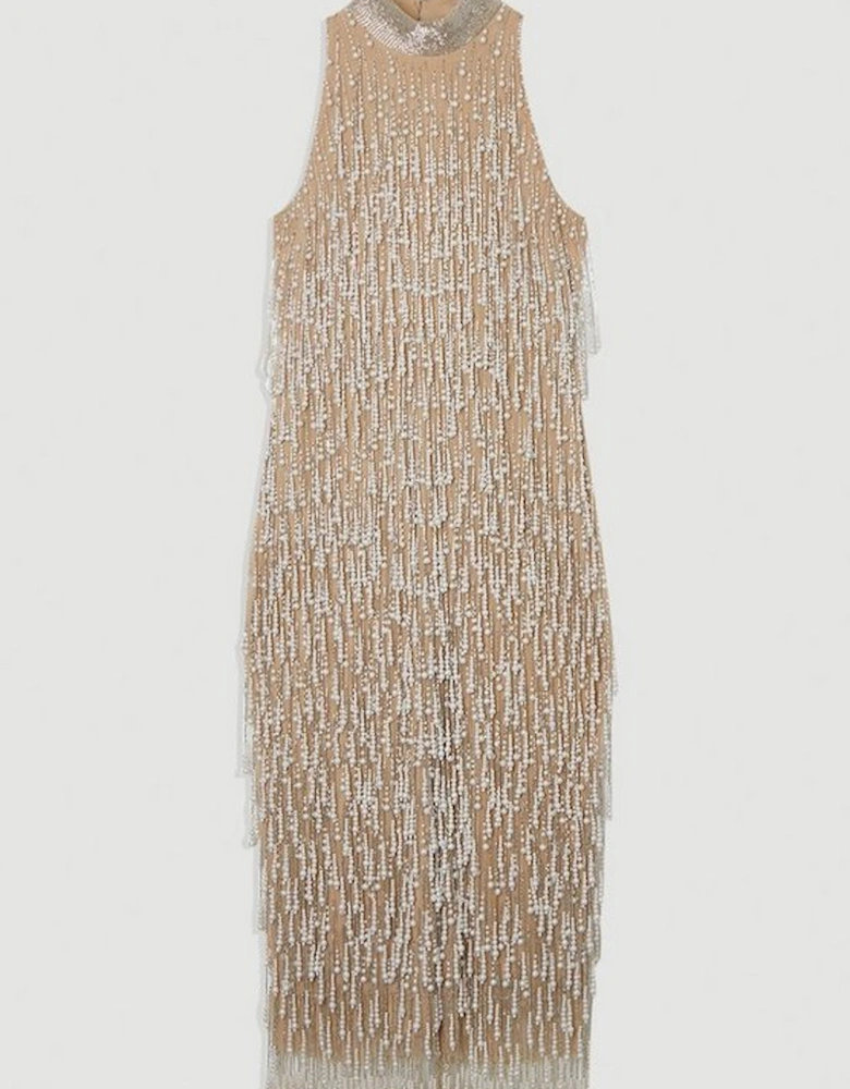 Petite Premium Pearl Tassel Embellished Halter Neck Woven Midi Dress