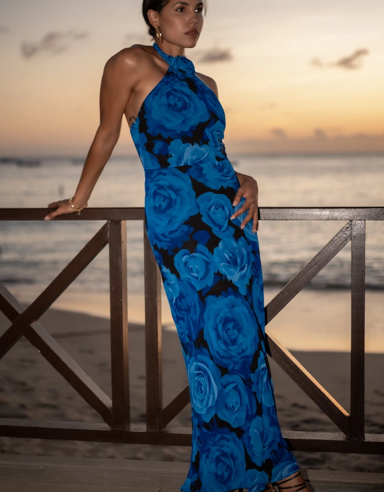 Blue Floral Occasion Halter Maxi Dress
