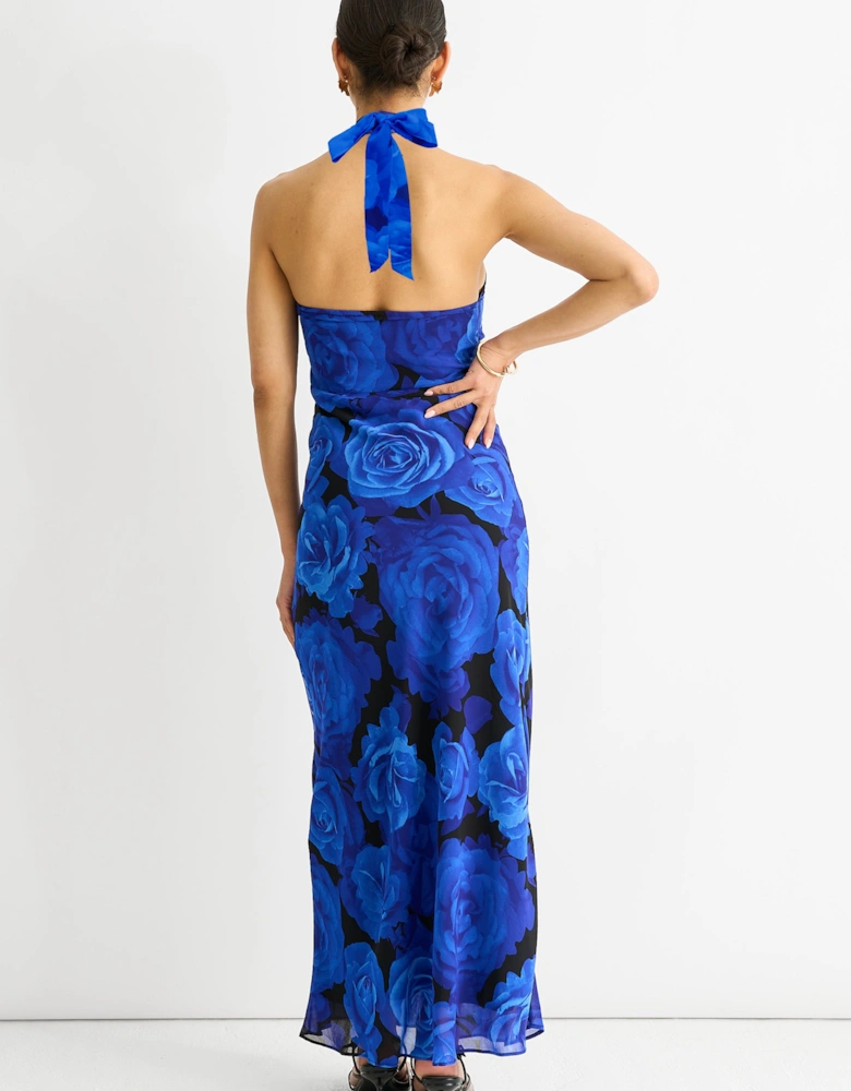 Blue Floral Occasion Halter Maxi Dress