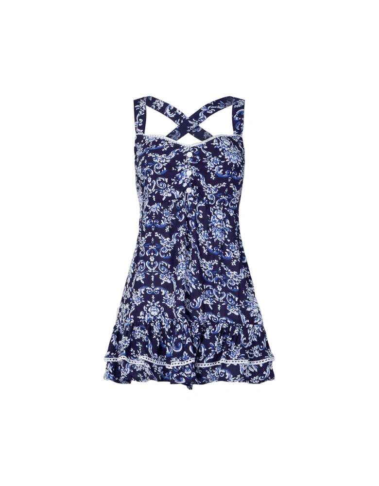 Fun And Flirty Longline Printed Top - Navy
