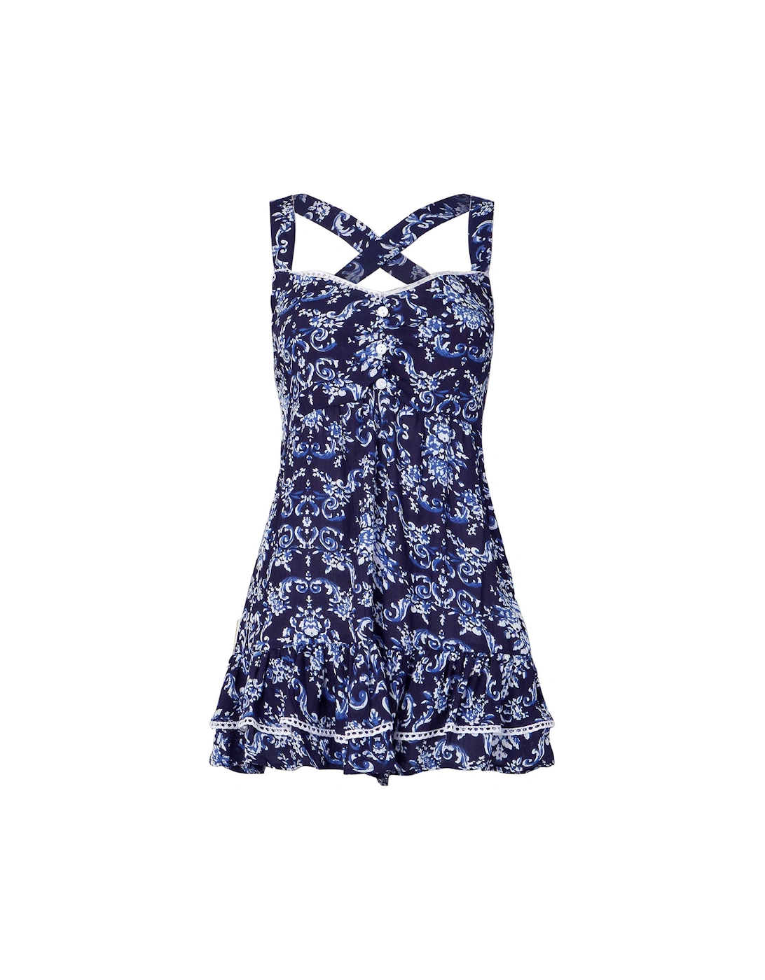Fun And Flirty Longline Printed Top - Navy