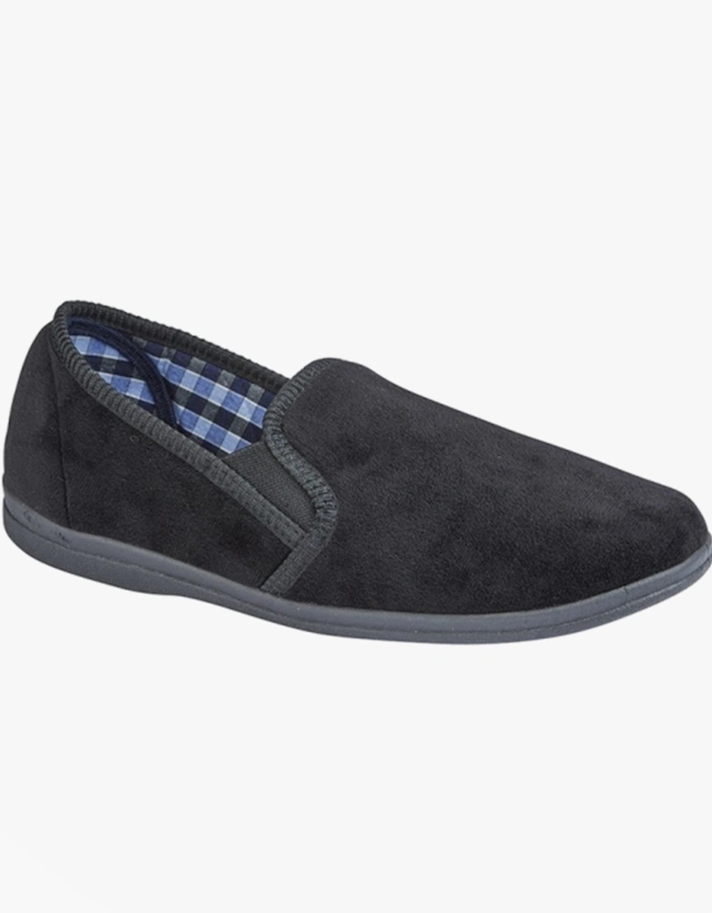 WILSON Mens Twin Gusset Slipper Black Plush Velour