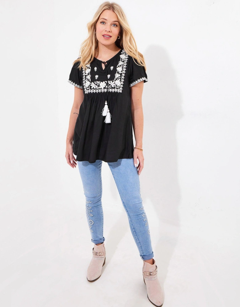 Rowena Embroidered Top - Black