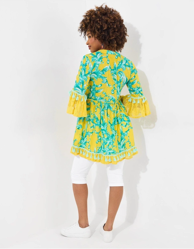 Joyful Printed Cotton Tunic Dress - Yellow
