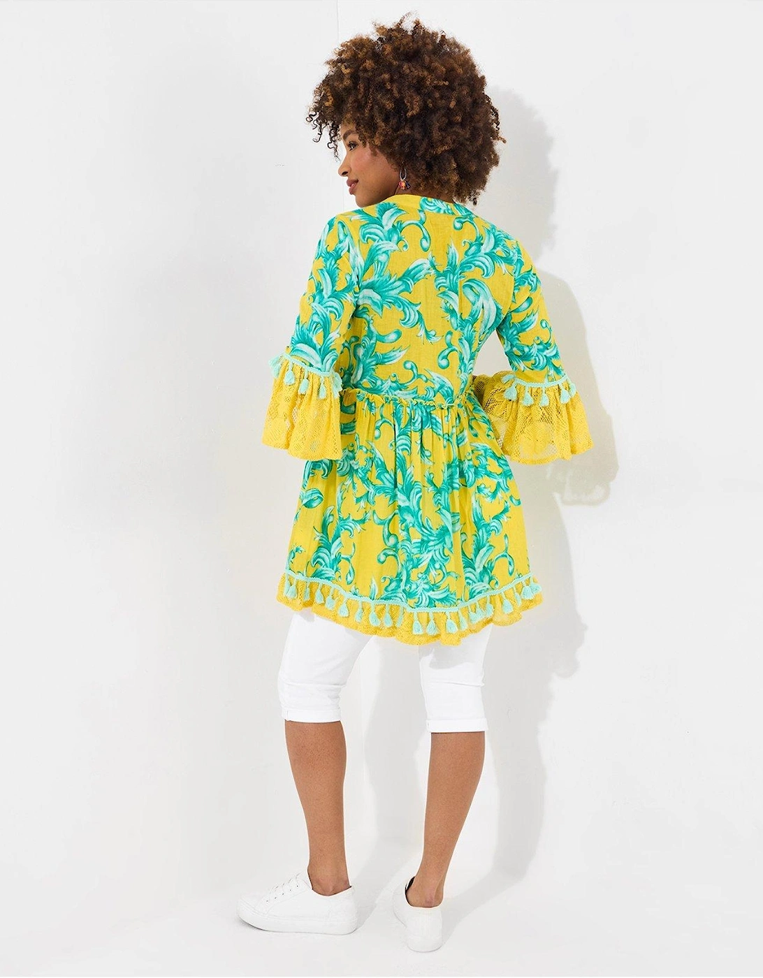 Joyful Printed Cotton Tunic Dress - Yellow