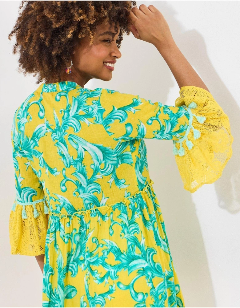 Joyful Printed Cotton Tunic Dress - Yellow