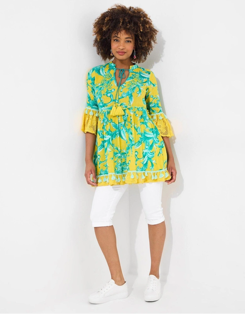 Joyful Printed Cotton Tunic Dress - Yellow