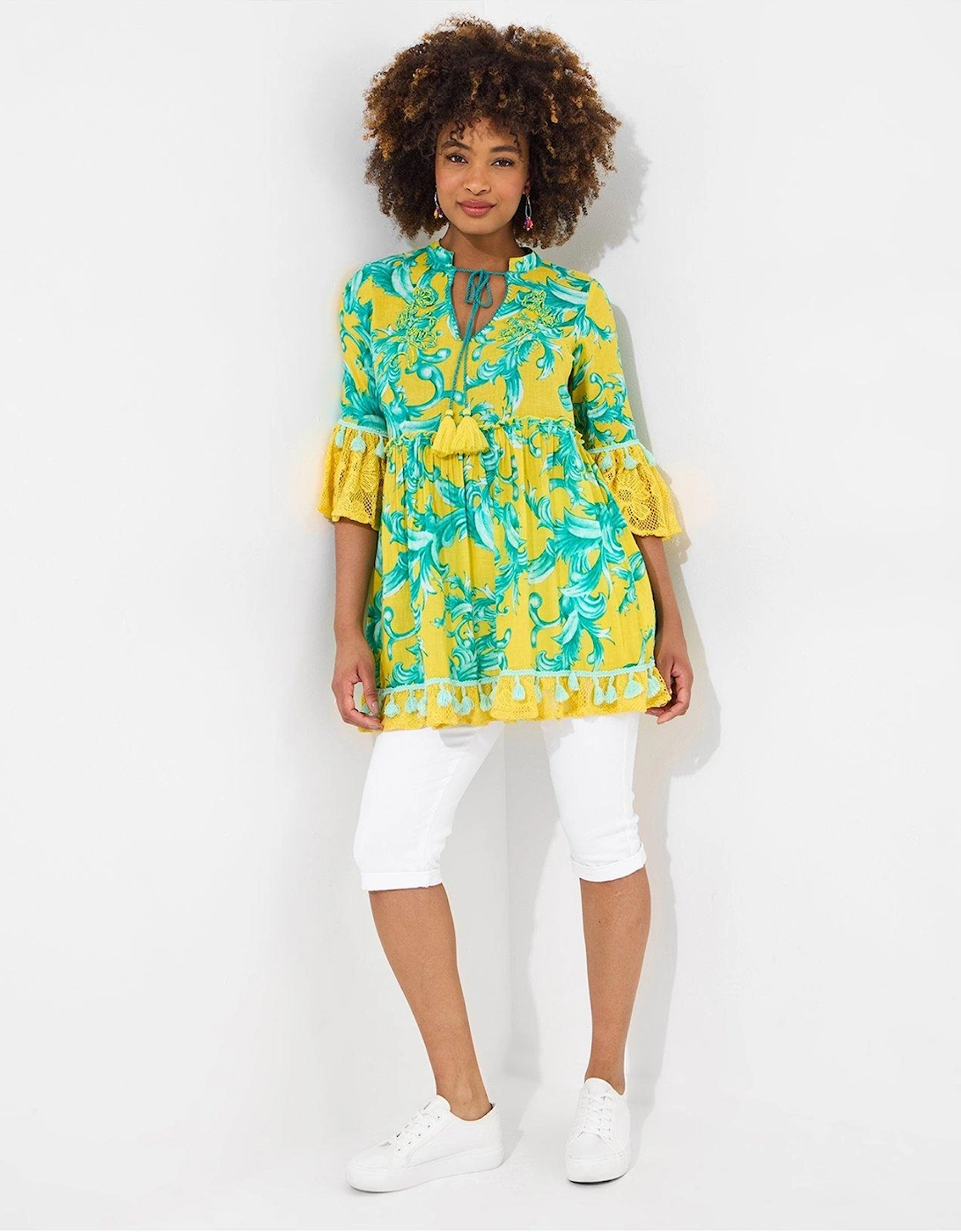 Joyful Printed Cotton Tunic Dress - Yellow