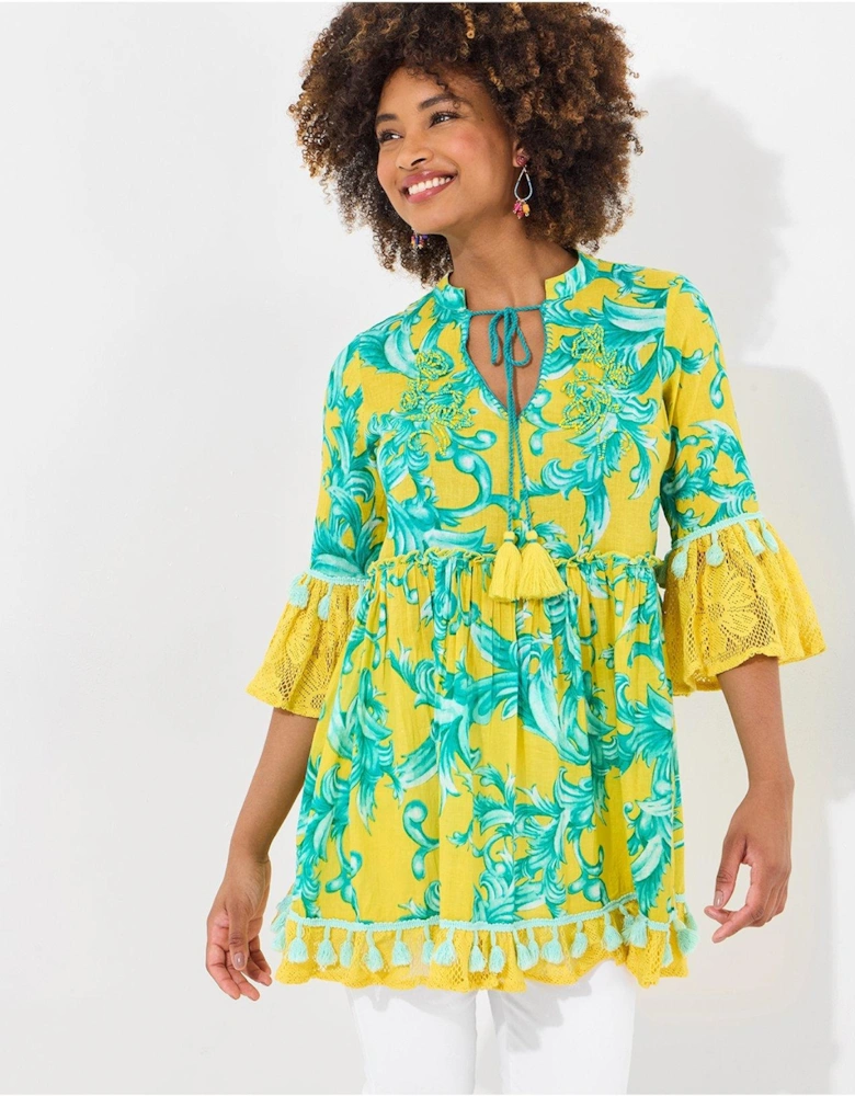 Joyful Printed Cotton Tunic Dress - Yellow