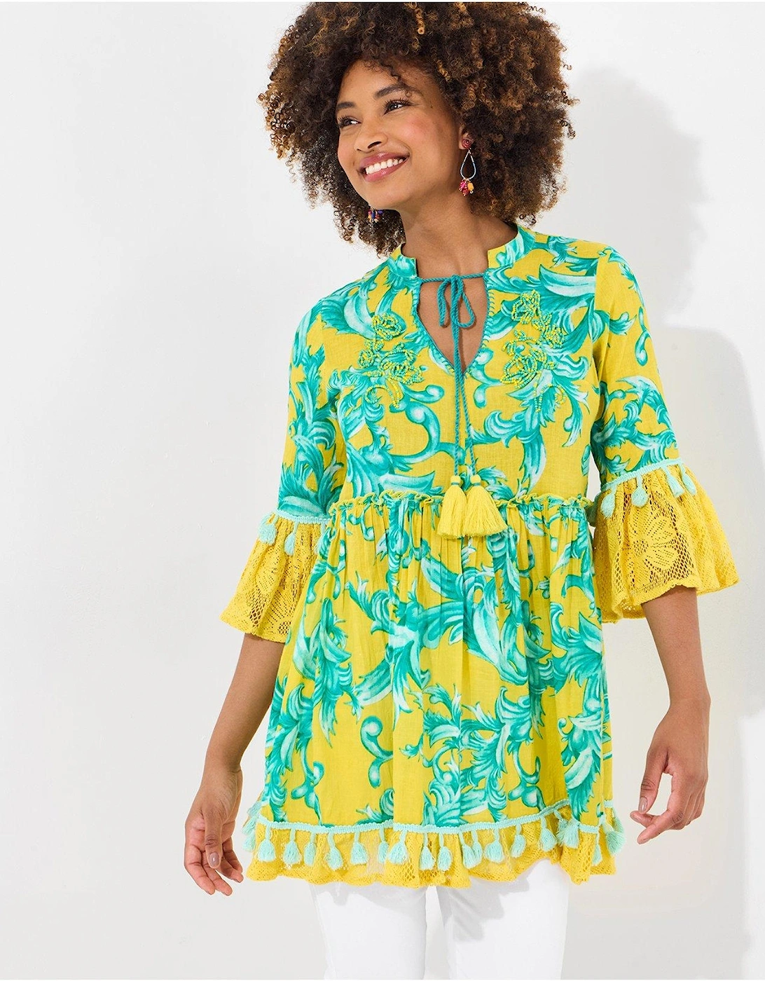 Joyful Printed Cotton Tunic Dress - Yellow