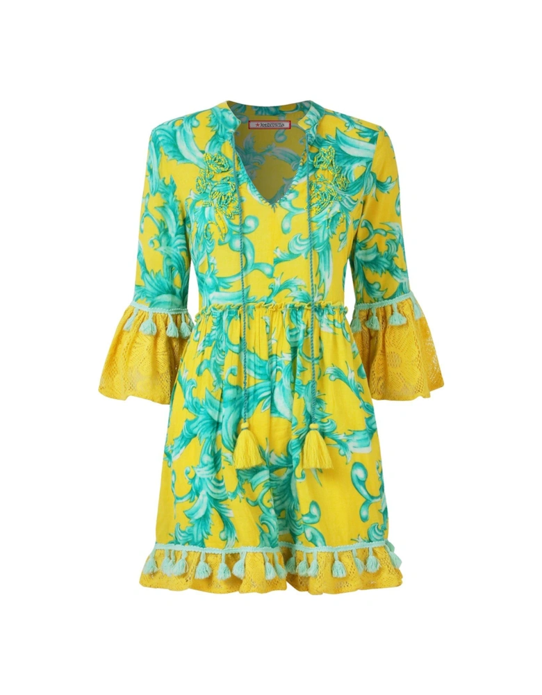 Joyful Printed Cotton Tunic Dress - Yellow