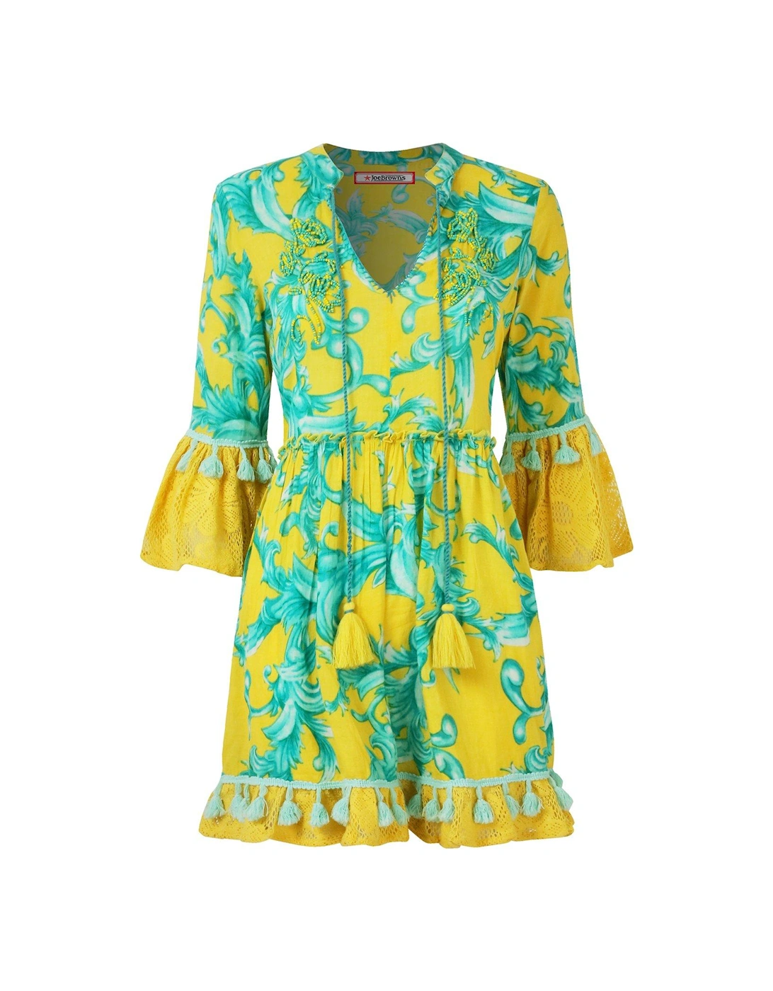 Joyful Printed Cotton Tunic Dress - Yellow