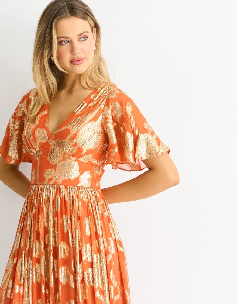 Orange Metallic Jacquard Flutter Sleeves Floral Maxi Dress