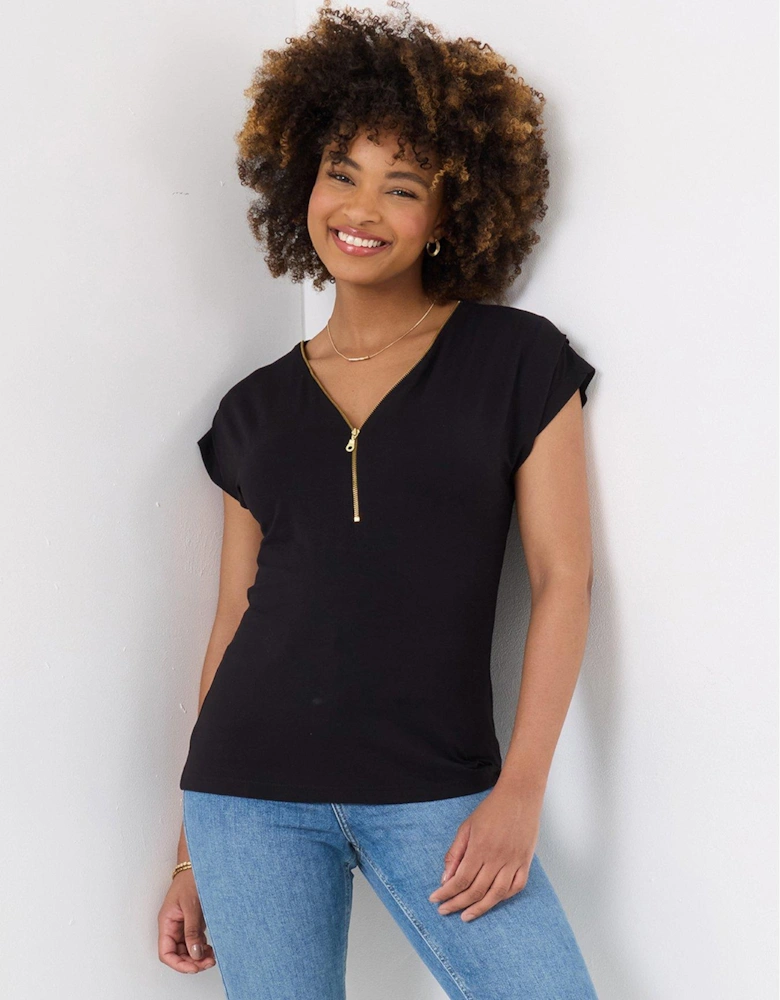 Zip It Up Cap Sleeve Jersey Top - Black
