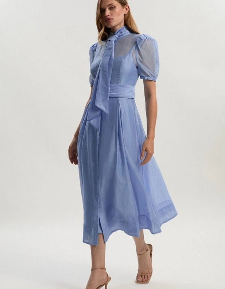 Organdie Tie Neck Woven Midi Dress