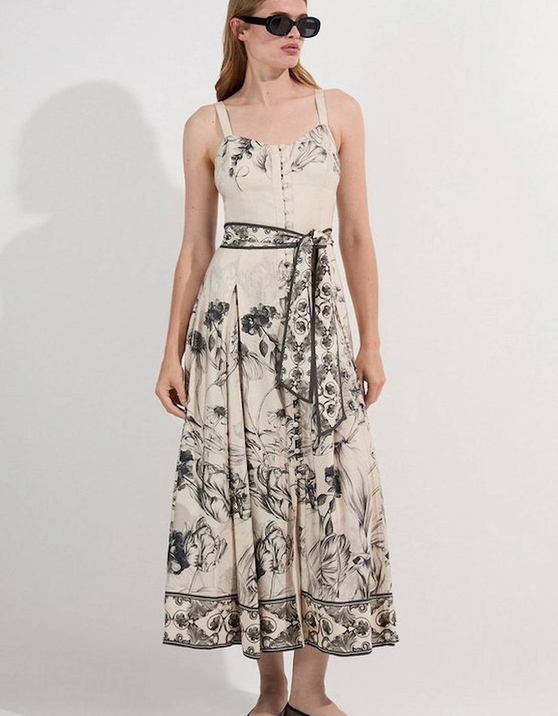 Petite Viscose Linen Scenic Placed Print Strappy Woven Midi Dress, 2 of 1