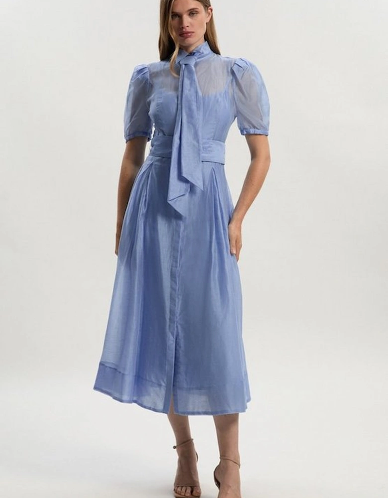 Petite Organdie Tie Neck Woven Midi Dress