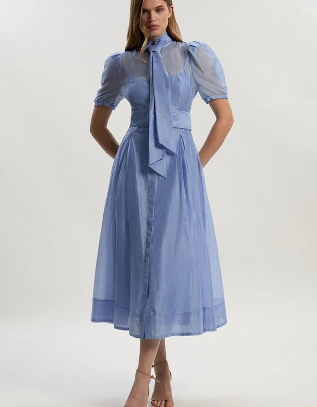 Organdie Tie Neck Woven Midi Dress, 4 of 3