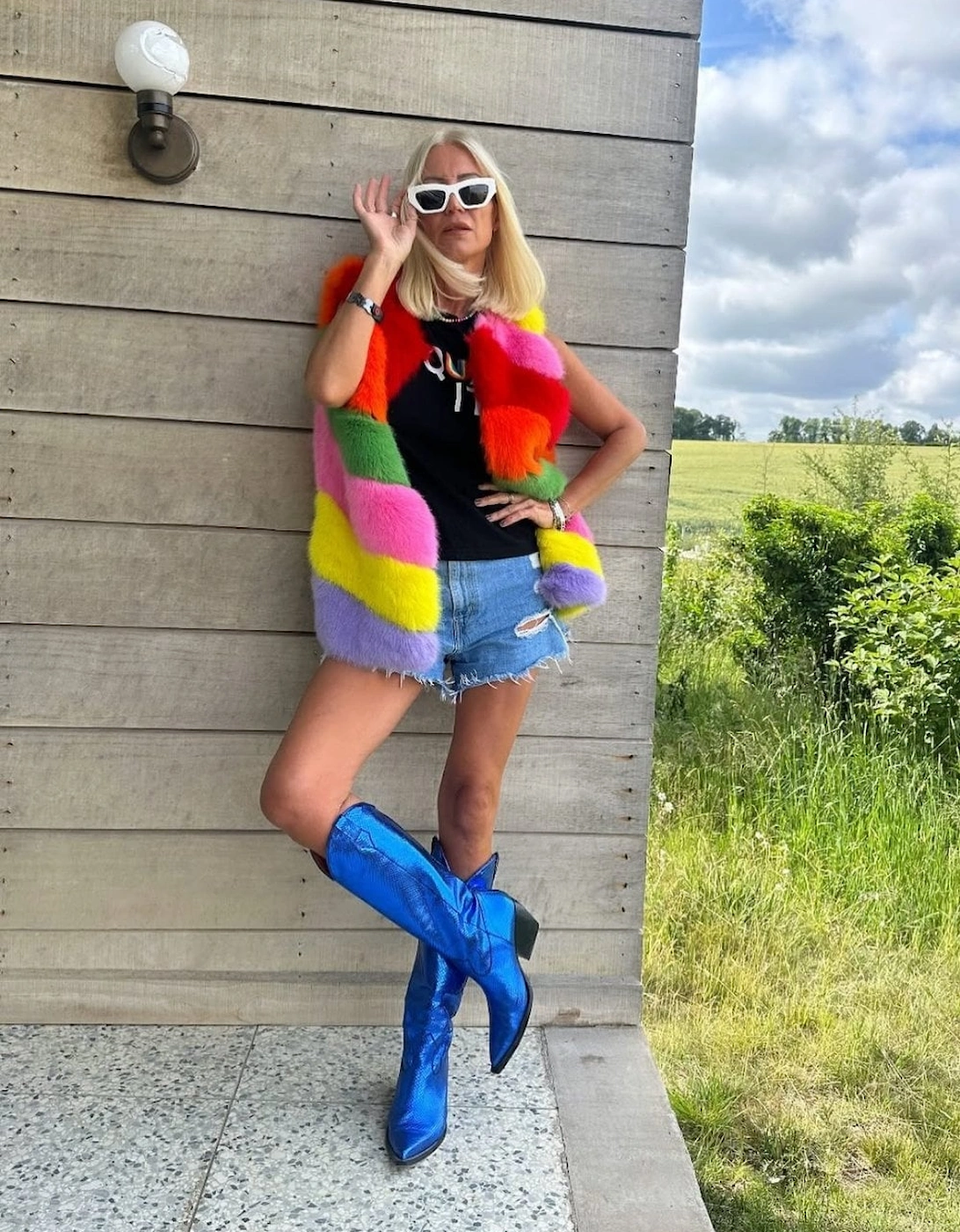 Gaga Faux Fur Striped Rainbow Gilet | Waistcoat