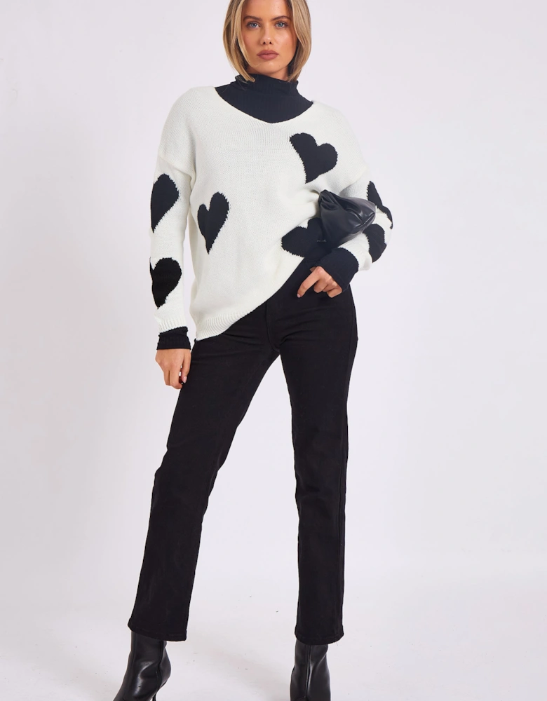 White V Neck Oversized Heart Knit Jumper