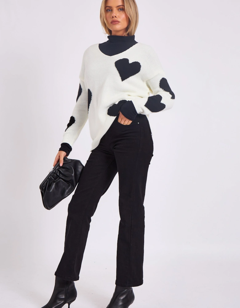 White V Neck Oversized Heart Knit Jumper