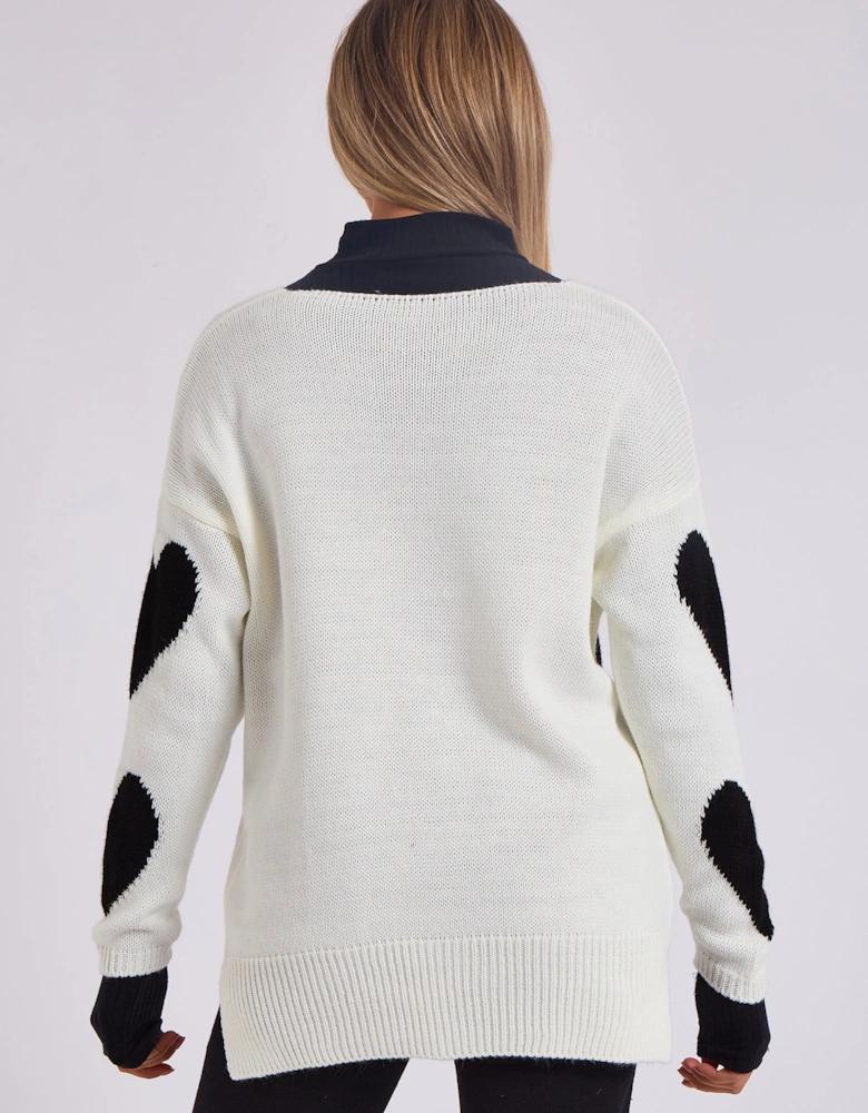White V Neck Oversized Heart Knit Jumper