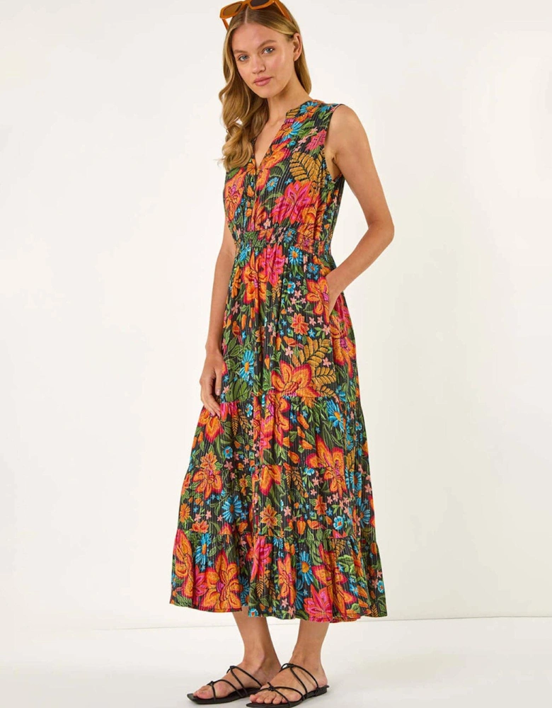 Floral Shirred Maxi Dress - Red