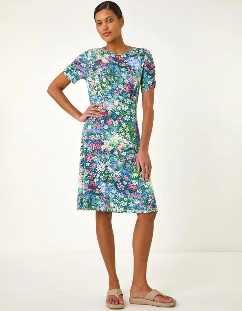 Ditsy Floral Print Stretch Short Dress - Green
