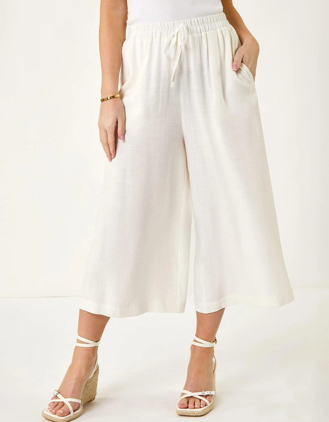 Petite Elasticated Waist Linen Culotte - White, 2 of 1