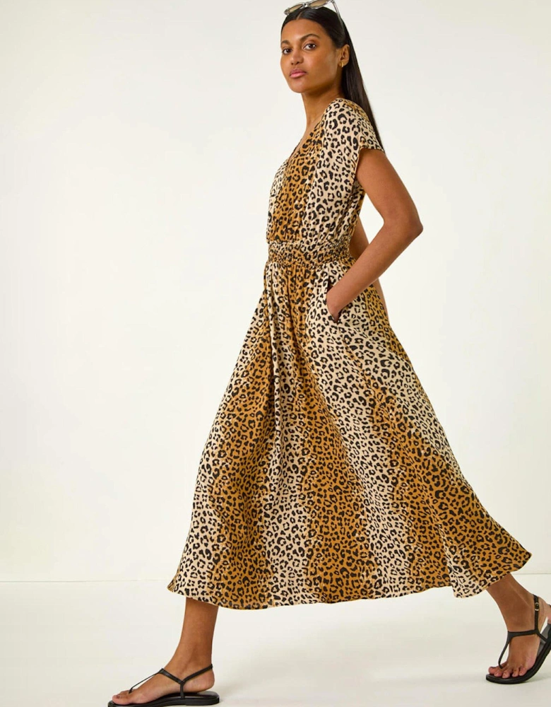 Animal Print Shirred Waist Maxi Dress - Camel