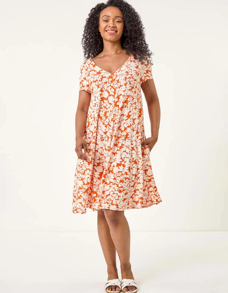 Petite Floral Print Swing Pocket Dress - Orange