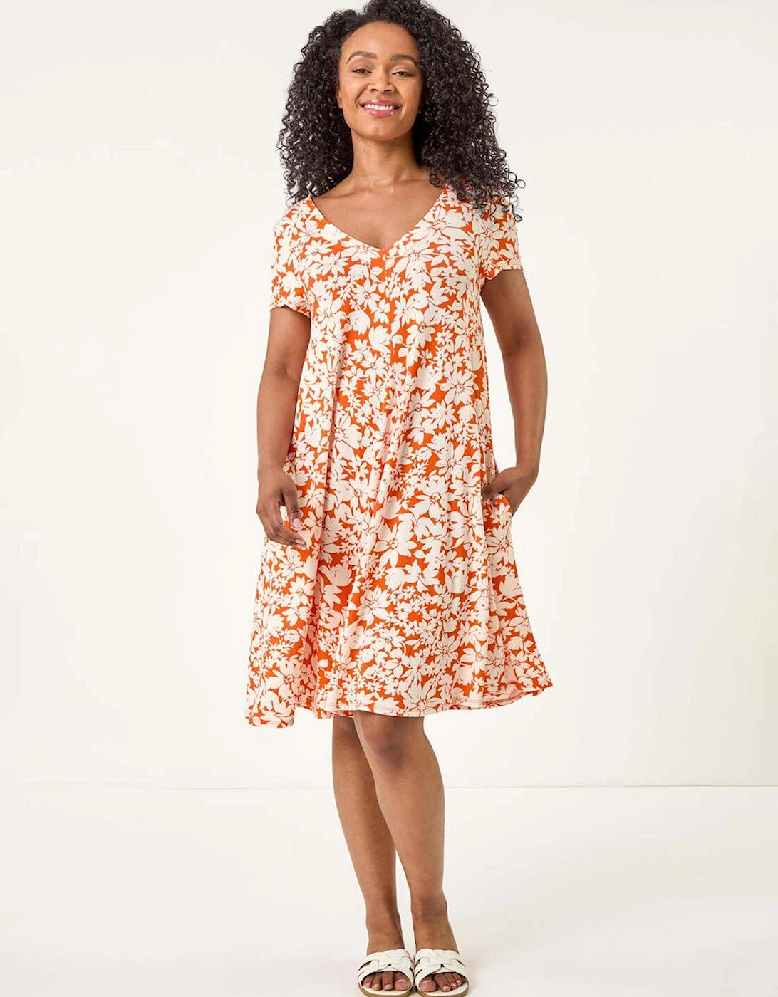 Petite Floral Print Swing Pocket Dress - Orange, 2 of 1