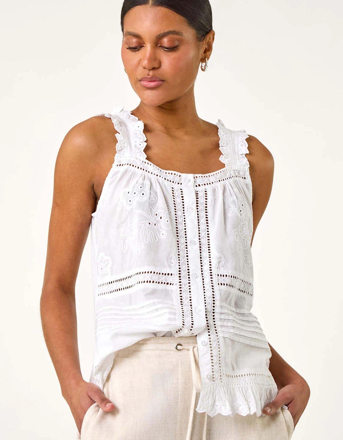 Embroidered Trim Button Detail Cami - White, 2 of 1