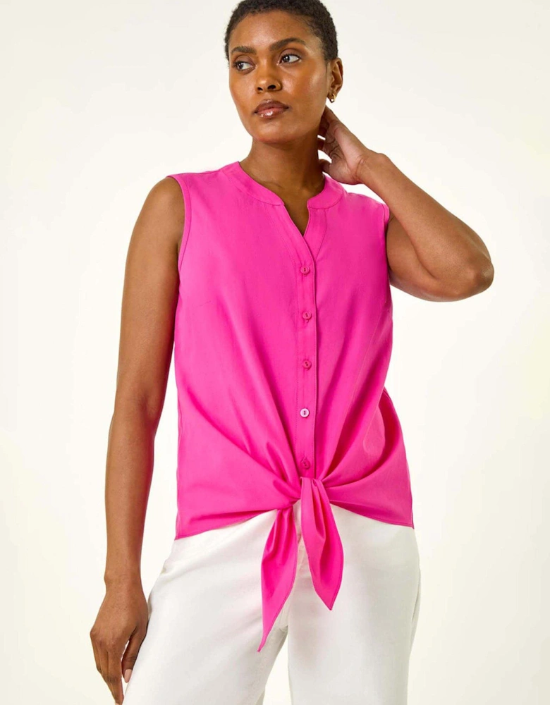 Cotton Tie Front V-neck Blouse - Cerise