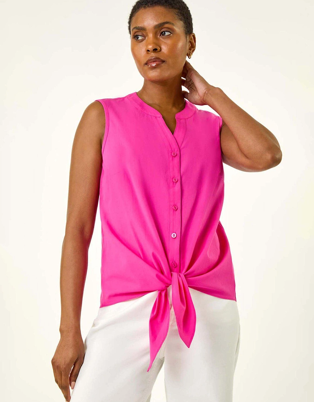 Cotton Tie Front V-neck Blouse - Cerise, 2 of 1