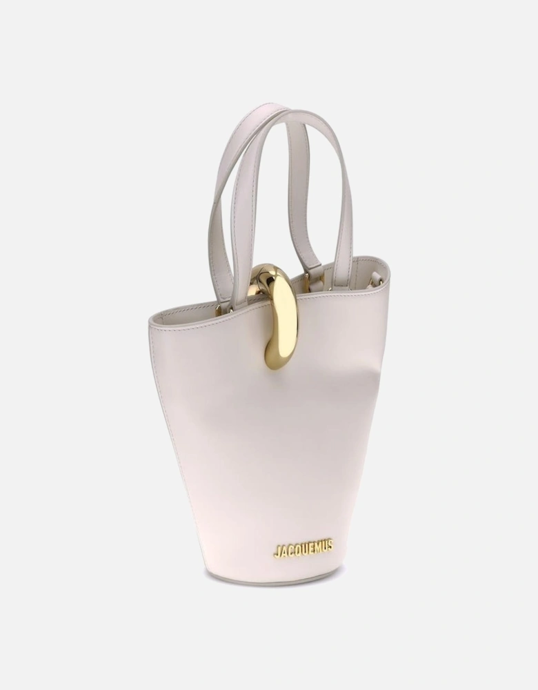 Asymmetrical Leather Bucket Bag with Gold Ring Closure Women - Cream