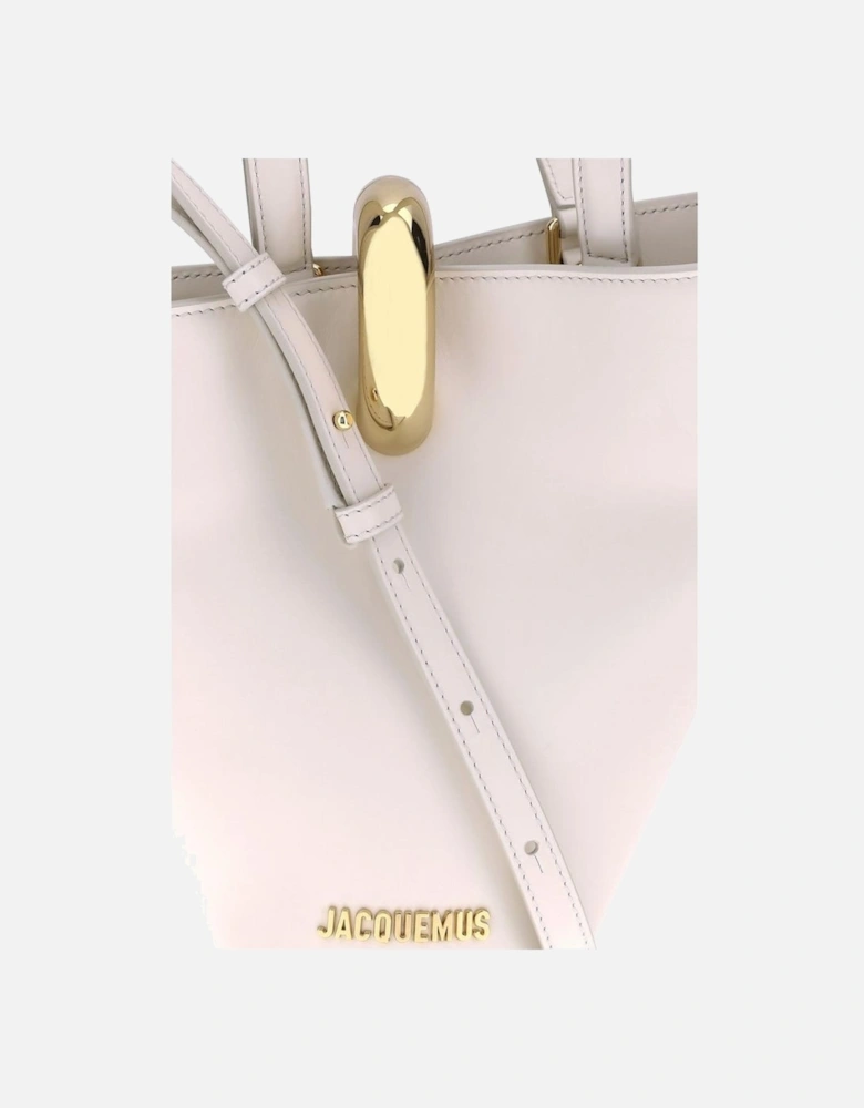 Asymmetrical Leather Bucket Bag with Gold Ring Closure Women - Cream