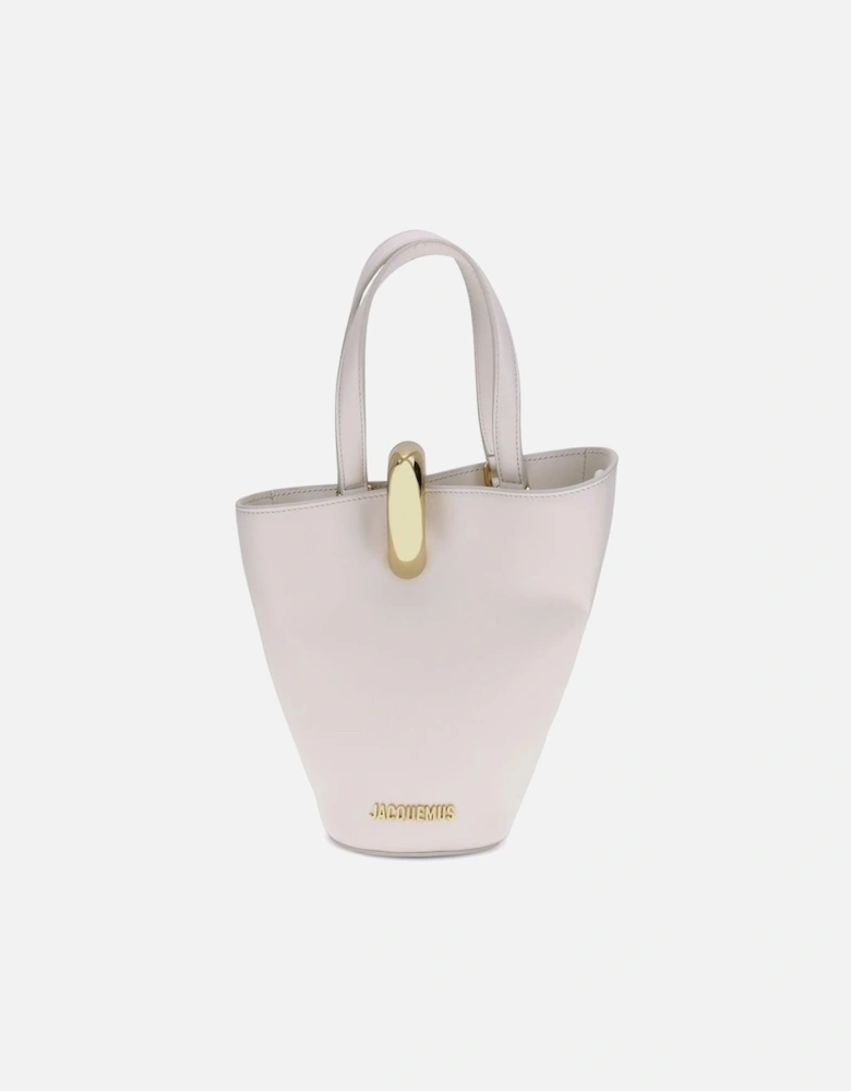 Asymmetrical Leather Bucket Bag with Gold Ring Closure Women - Cream