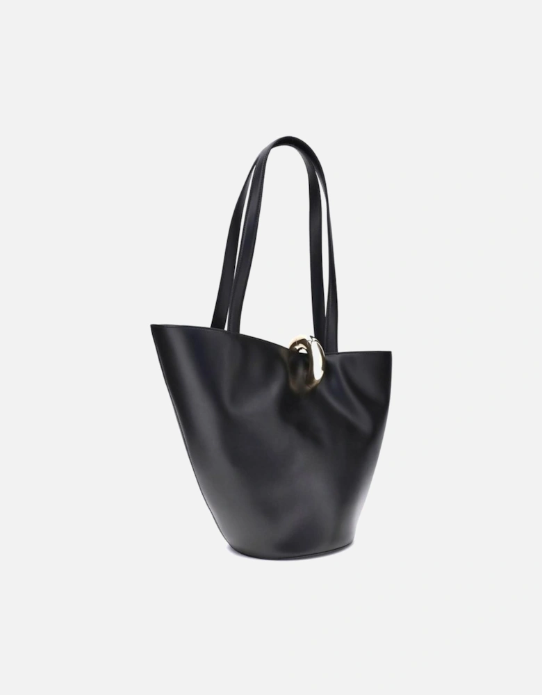 Asymmetrical Leather Bucket Bag with Gold Ring Detail Women - Black