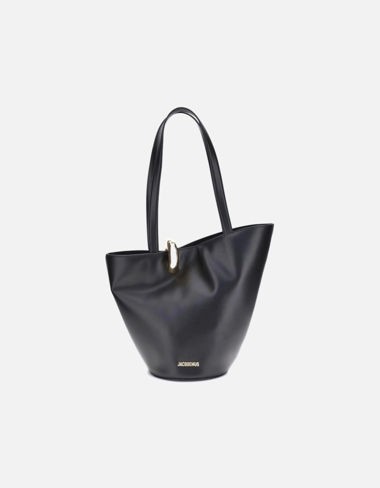 Asymmetrical Leather Bucket Bag with Gold Ring Detail Women - Black