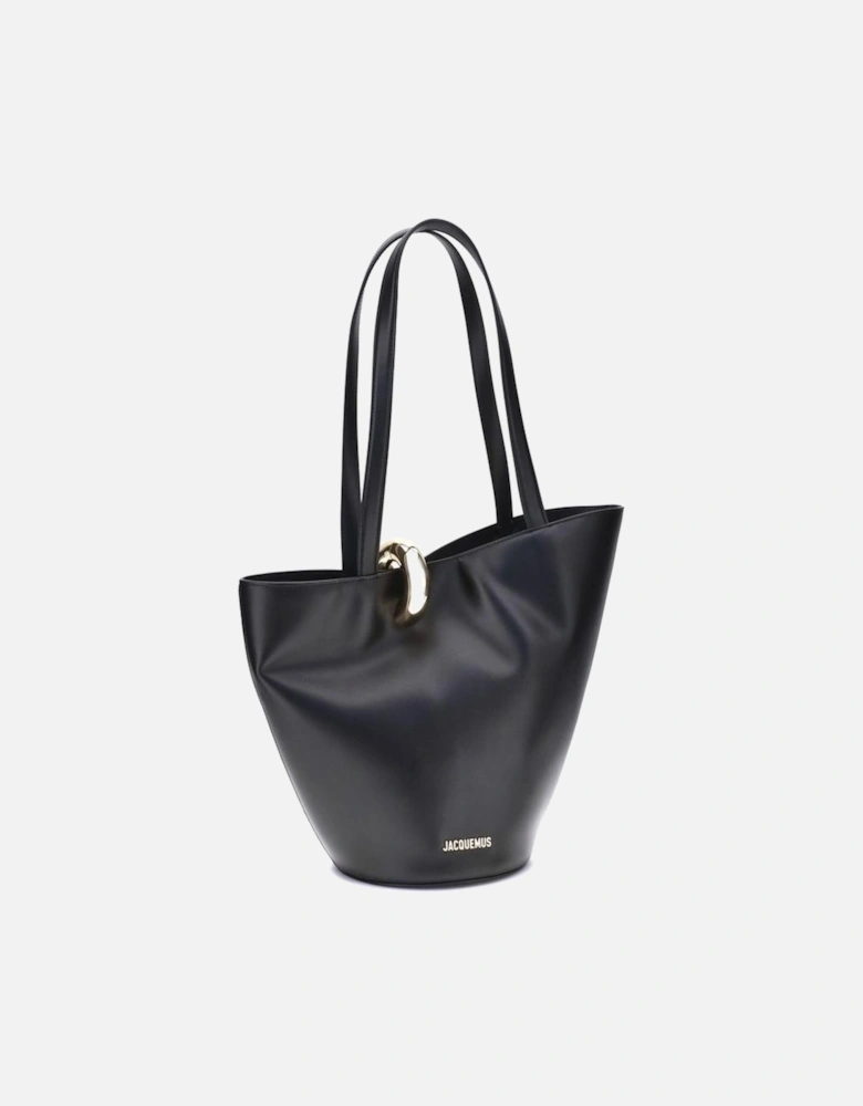 Asymmetrical Leather Bucket Bag with Gold Ring Detail Women - Black