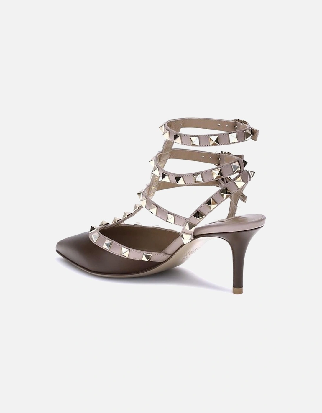 Rockstud Leather Pumps with Triple Ankle Strap Women - Brown