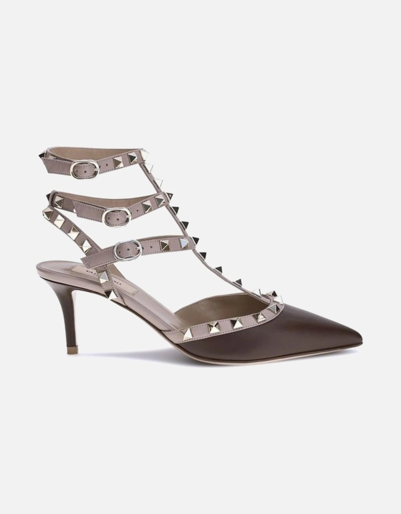 Rockstud Leather Pumps with Triple Ankle Strap Women - Brown