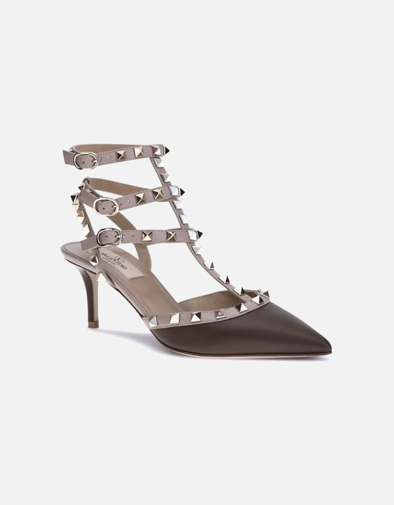 Rockstud Leather Pumps with Triple Ankle Strap Women - Brown