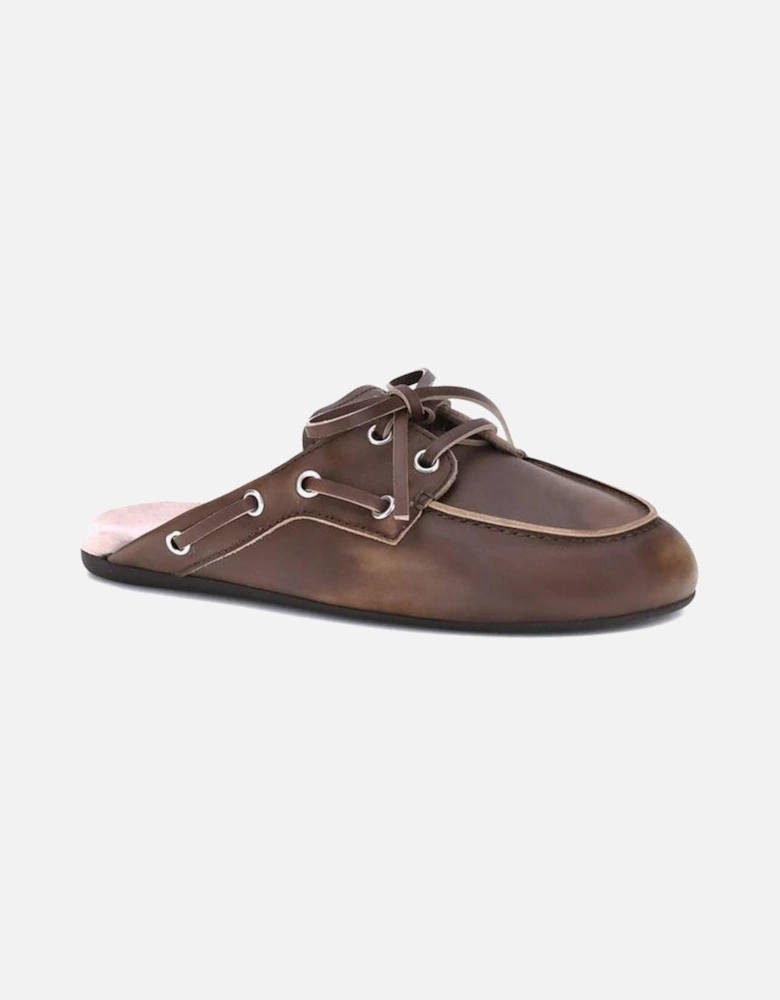 Leather Sabot Loafers with Embossed Logo Women - Brown Sandals