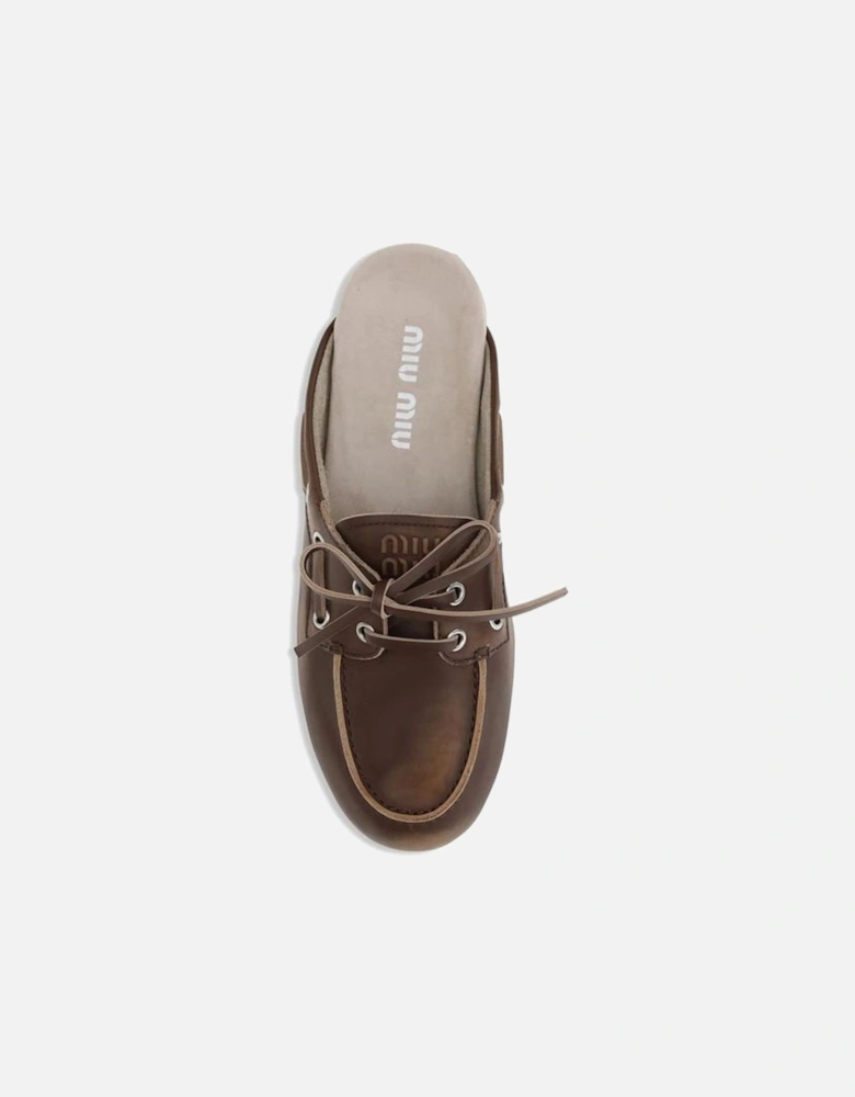 Leather Sabot Loafers with Embossed Logo Women - Brown Sandals