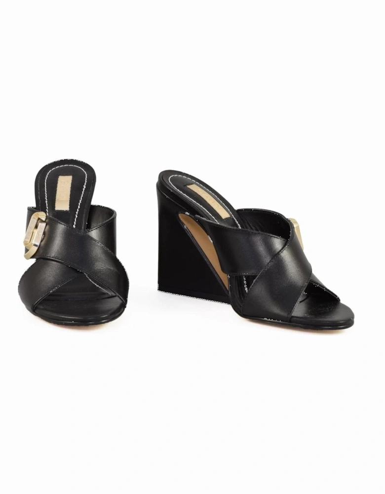 Block Heel Open Toe Leather Slippers Women - Black