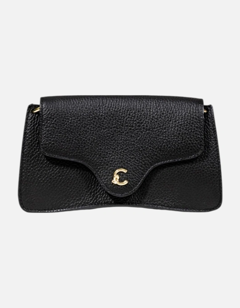 Leather Shoulder Bag with Button Fastening Women - Black